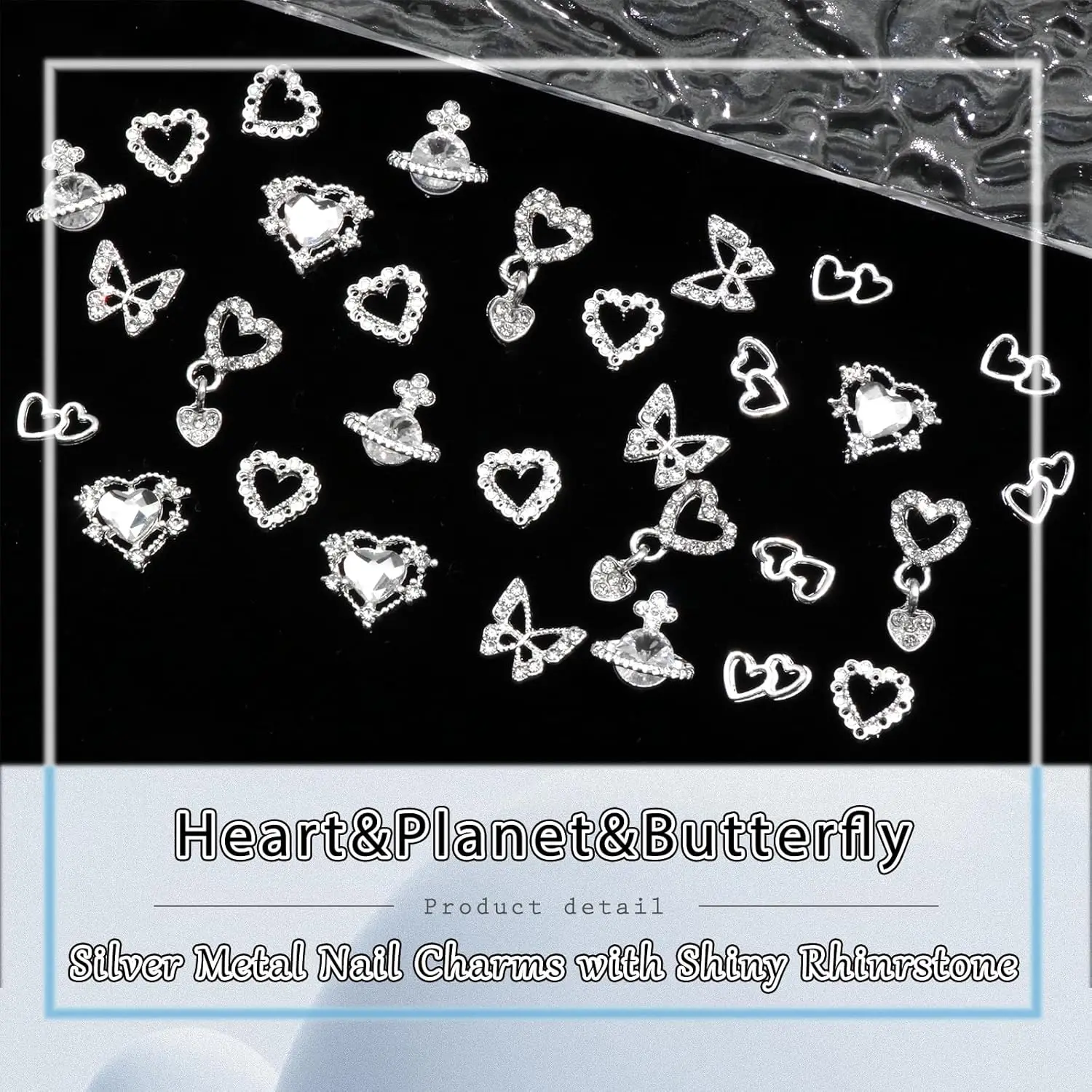40 Uds. De dijes para uñas con forma de planeta, dijes 3D de mariposa plateada para decoración de uñas, diamantes de imitación, gemas para uñas con forma de corazón, dijes de planeta Saturno para uñas
