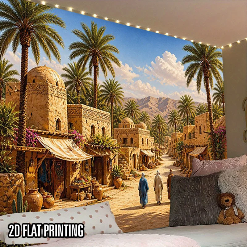 Moroccan Village Tapestry, Desert Oasis Palm Tree Wall Hanging, Middle East Street Art Decor, Boho Living Room Background