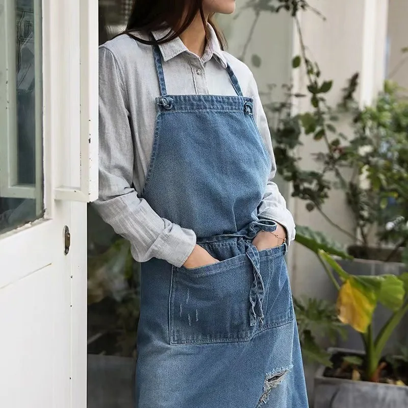 

Unisex Cotton Distressed Denim Apron for Kitchen Baking Floral Art Nail Salon, Durable & Soft 100% Cotton Work Smock
