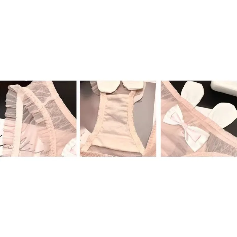 Mesh Transparent Personalized Briefs New Kawaii Rabbit Ears Lace Underwear Women\'s Bow Cute Women\'s Ruffles Triangle Panties