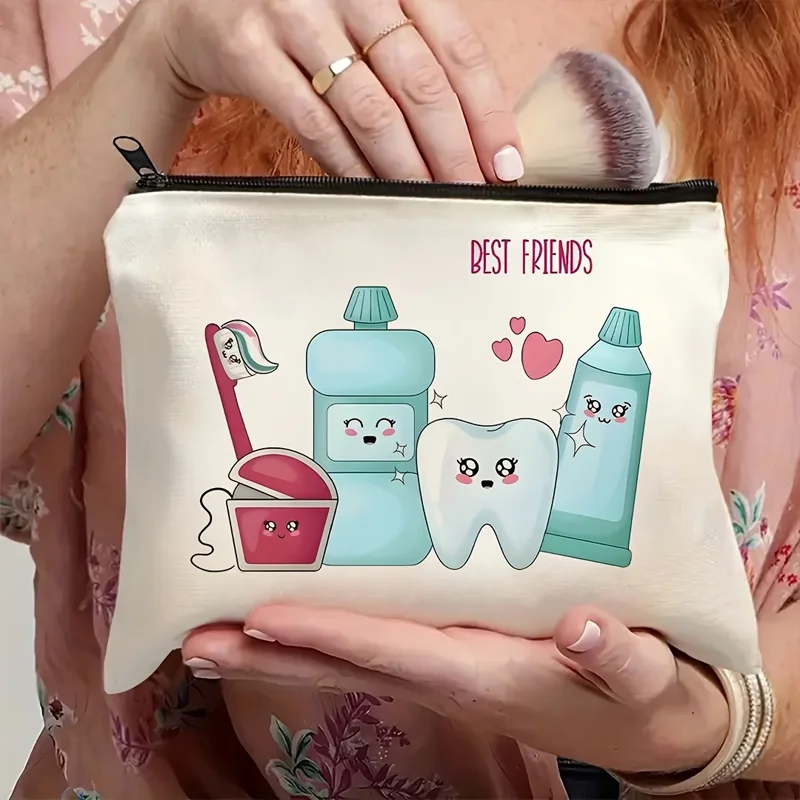 1Pc Dental Care Makeup Bag with Toothbrush & Tube Print, Unisex Zipper Oral‑hygiene Pouch for Gym, Trips and On‑the‑go Use