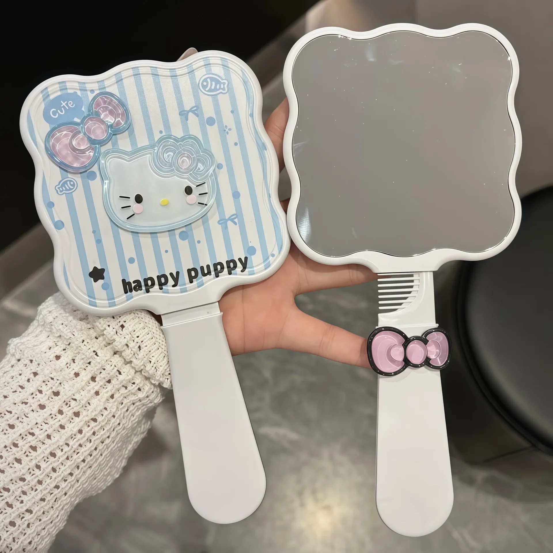 Hello Kitty Handle Mirror Cartoon Kt Cat Originality Mirror Comb Integrated Makeup Mirro Fashion Portable Makeup Mirror Gifts - view 3