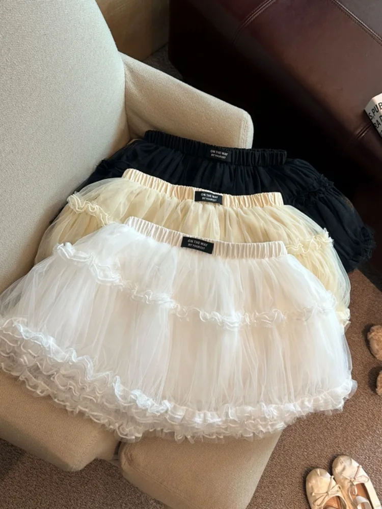 

Female Trendy New Items Mesh Lace Patchwork Puff Skirt Summer High Elastic Waist A-line Fashion Sweet Mini Cake Skirt