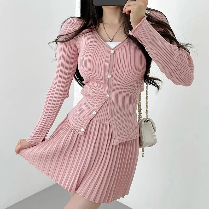 Spring Thin Sweet Set Women V-neck Button Long Sleeve Cardigan Sweater Elastic Band Pleated Short Skirt Office New Two Piece Set