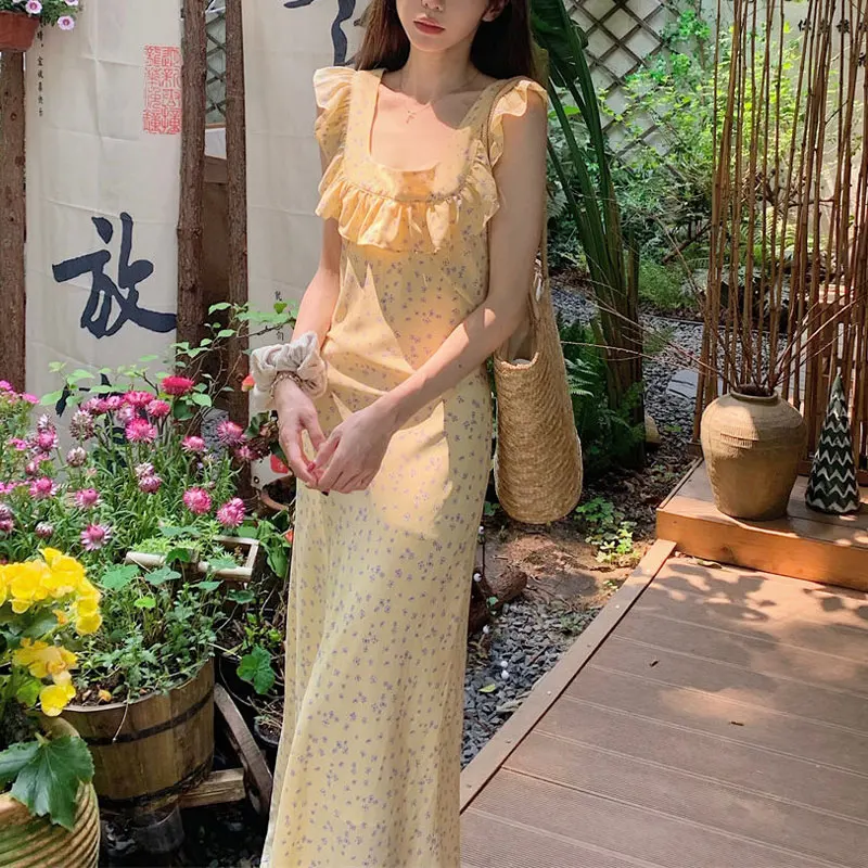 Elegant Backless Waist Long Dress Summer French Style Broken Flowers Women's Flying Sleeve Fashion Ruffles Patchwork Dresses New