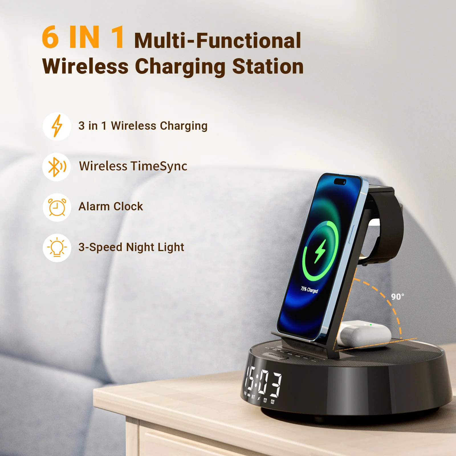 4-in-1 Alarm Clock: Wireless Charger, Bluetooth Speaker, FM Radio & Night Light for IPhone 16-11, Apple Watch, AirPods