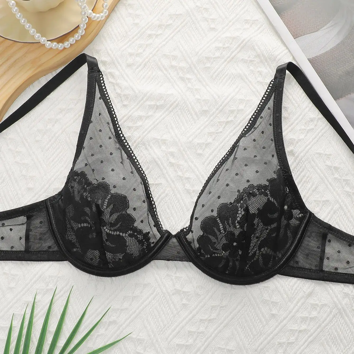 Viomisha Push Up Bra with Steel Ring Underwire Underwear Sexy Transparent Pretty Lace Brassiere Everyday Dot Bras S-XL