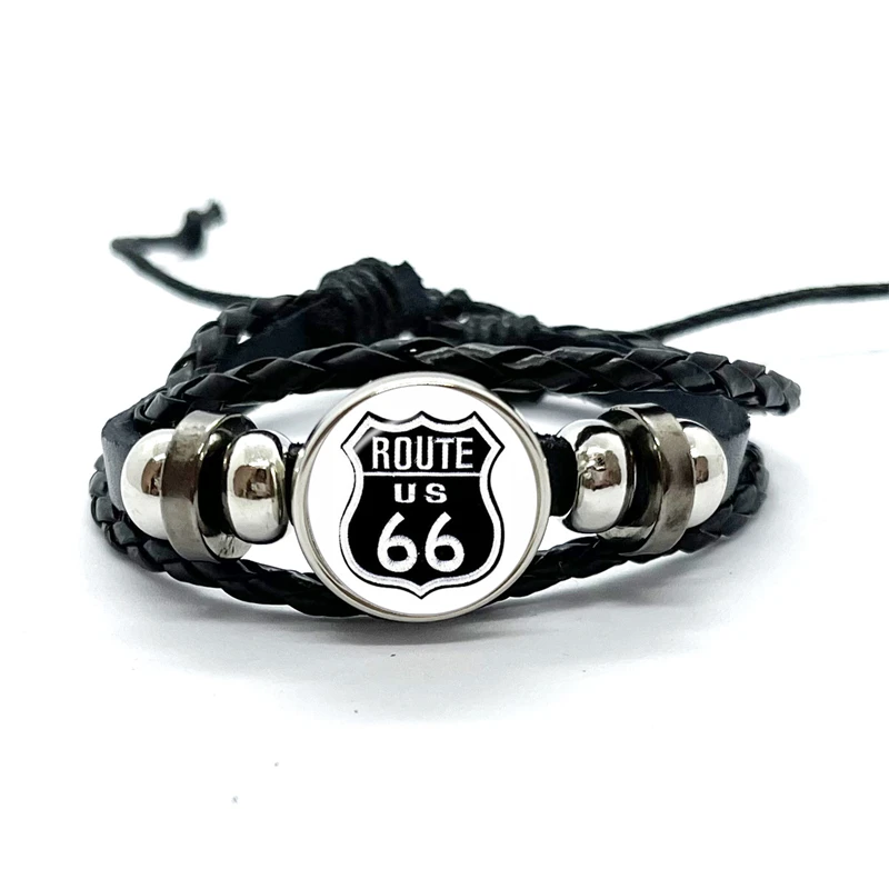 Old-fashion Signs US Route 66 Punk Bracelet Classic Retro Art Photo Glass Leather Bracelets Men Women Jewelry Gifts