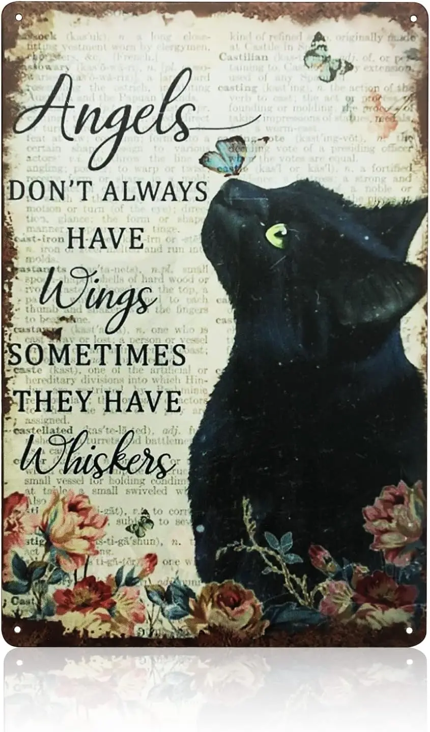 Cat Decor Angels Don't Always Have Wings Sometimes They Have Whiskers Vintage Tin Sign,Cat Lover Gifts for Men/Women, 12x8 i