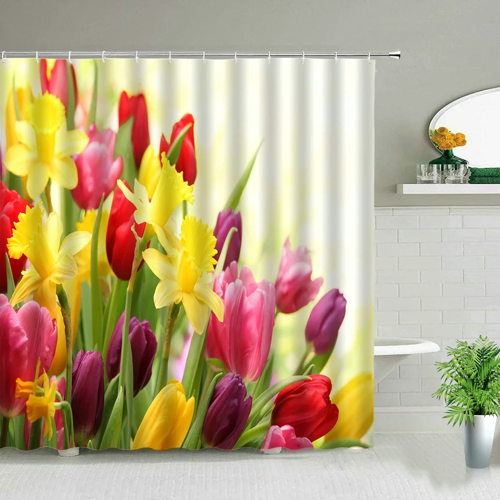 Tulip Pink Flower Shower Curtains Beautiful Flowers Plant Waterproof Cloth Curtain Set Bathroom Home Decor Bath Screens Washable