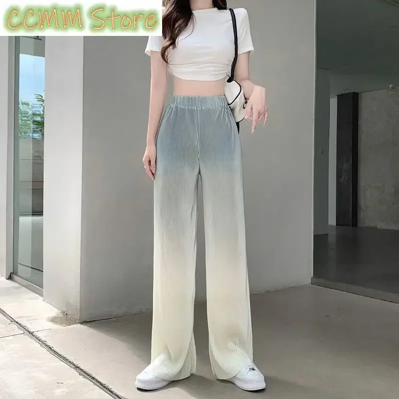 Fashion Printed Spliced Folds Tie Dye Gradient Pants Female Clothing Summer New Loose Elastic High Waist Casual Trousers