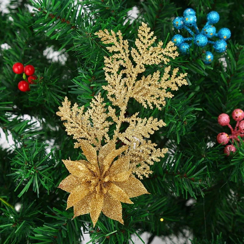 ประดิษฐ์คริสต์มาส Glitter Poinsettia ดอกไม้สาขาสนใบหยิบเครื่องประดับสำหรับพวงหรีดคริสต์มาสต้นไม้