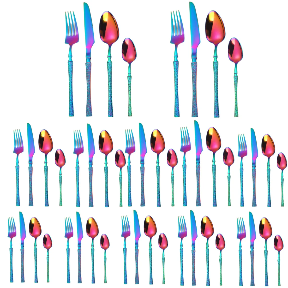 A · HOUSEWARE Rainbow Silverware Set Bark Pattern Unique Handle Flatware Stainless steel for 12 People 48 pieces Eating Utensils