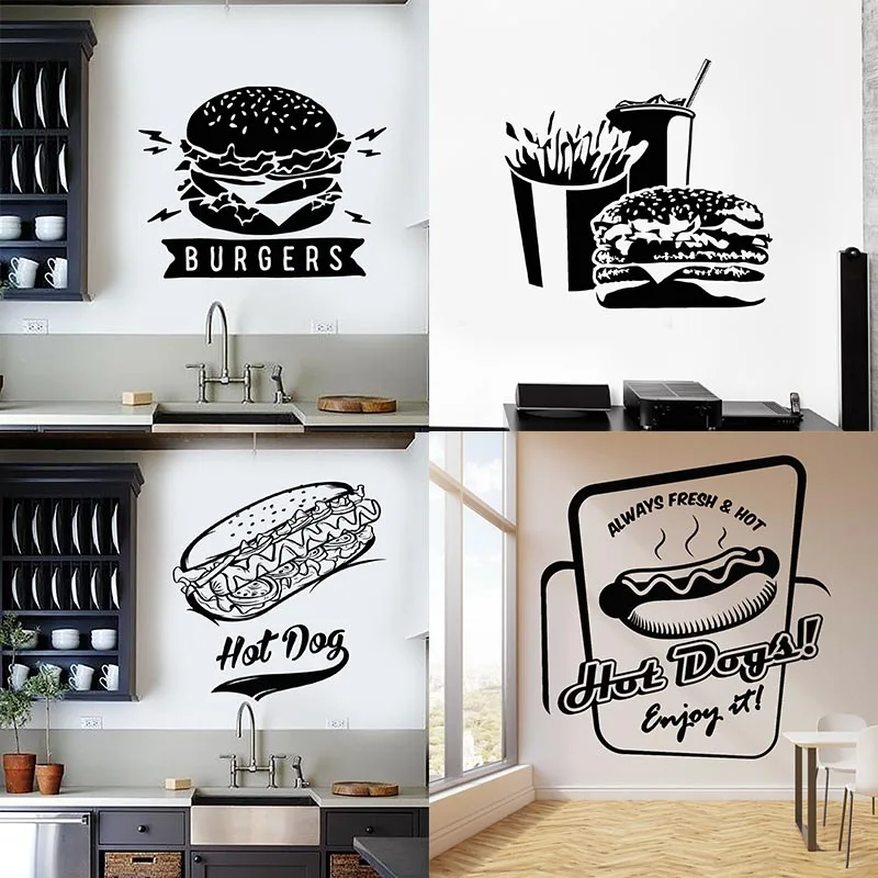 

Fast Food Wall Sticker Burger Hot Dog Kitchen Vinyl Decal Creative Art Decor Restaurant Home Interior Room Mural