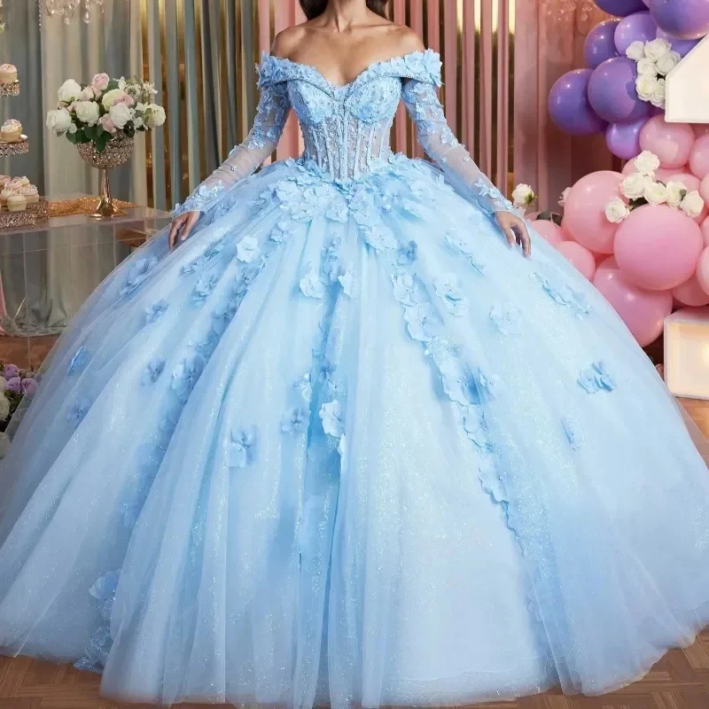 

Голубое кружевное платье Quinceanera с цветочной аппликацией и открытыми плечами, платье для выпускного вечера с длинными прозрачными рукавами, тюлевое бальное платье, вечернее платье