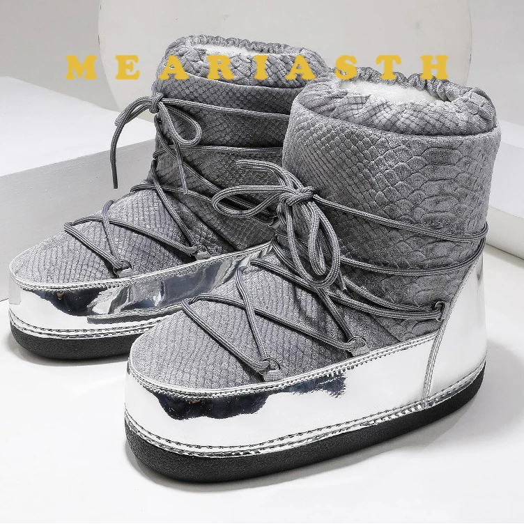 

Зимние утолщенные плюшевые женские космические ботинки на платформе, женские лыжные ботинки средней длины, непромокаемая модная обувь, большие размеры 35-43