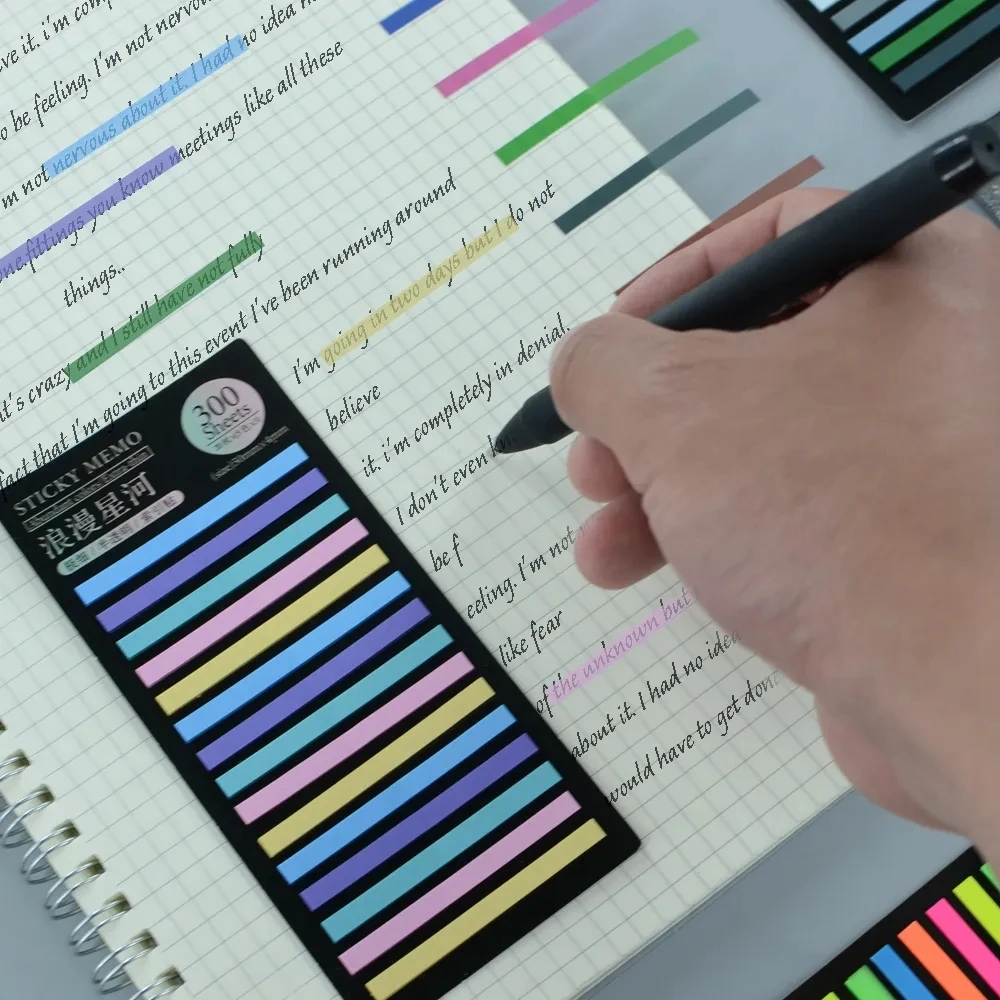 自己粘着性のレインボー付箋、300枚、投稿、ノートブック、読み取り、ブックマークタブ、美的文房具