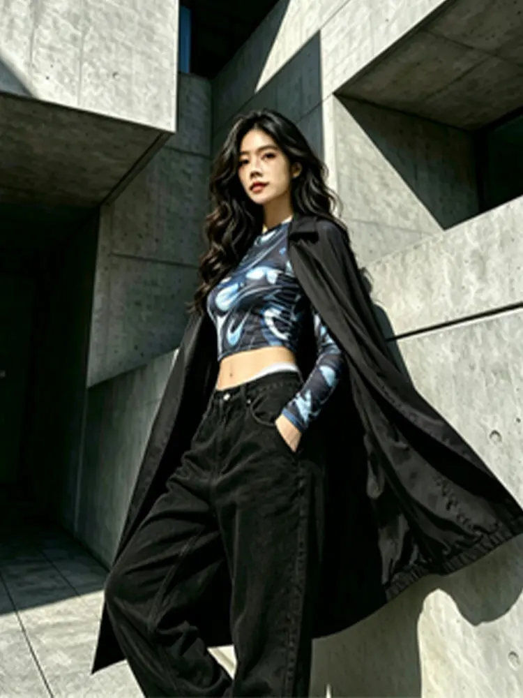 Womens Marble Print Sheer Mesh Long Sleeve Crop Top Slim See Through Y2K Club Blouse