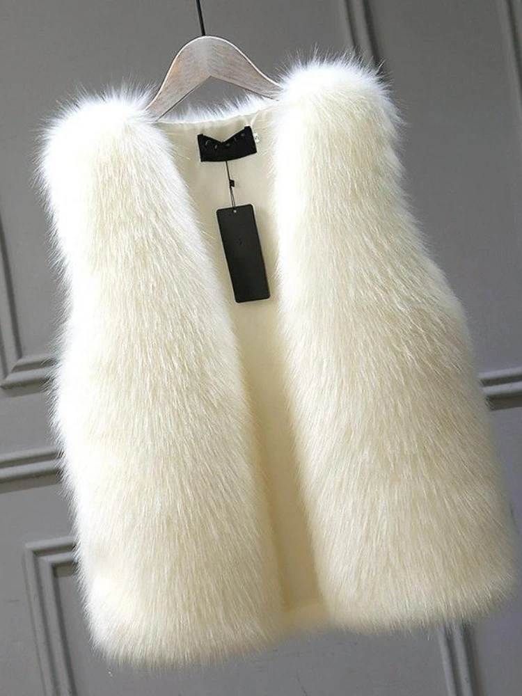 Otoño Invierno nuevo elegante versátil mujer Color sólido Chaleco de piel sintética abrigo versión coreana suelta Casual Camiseta sin mangas de piel sintética