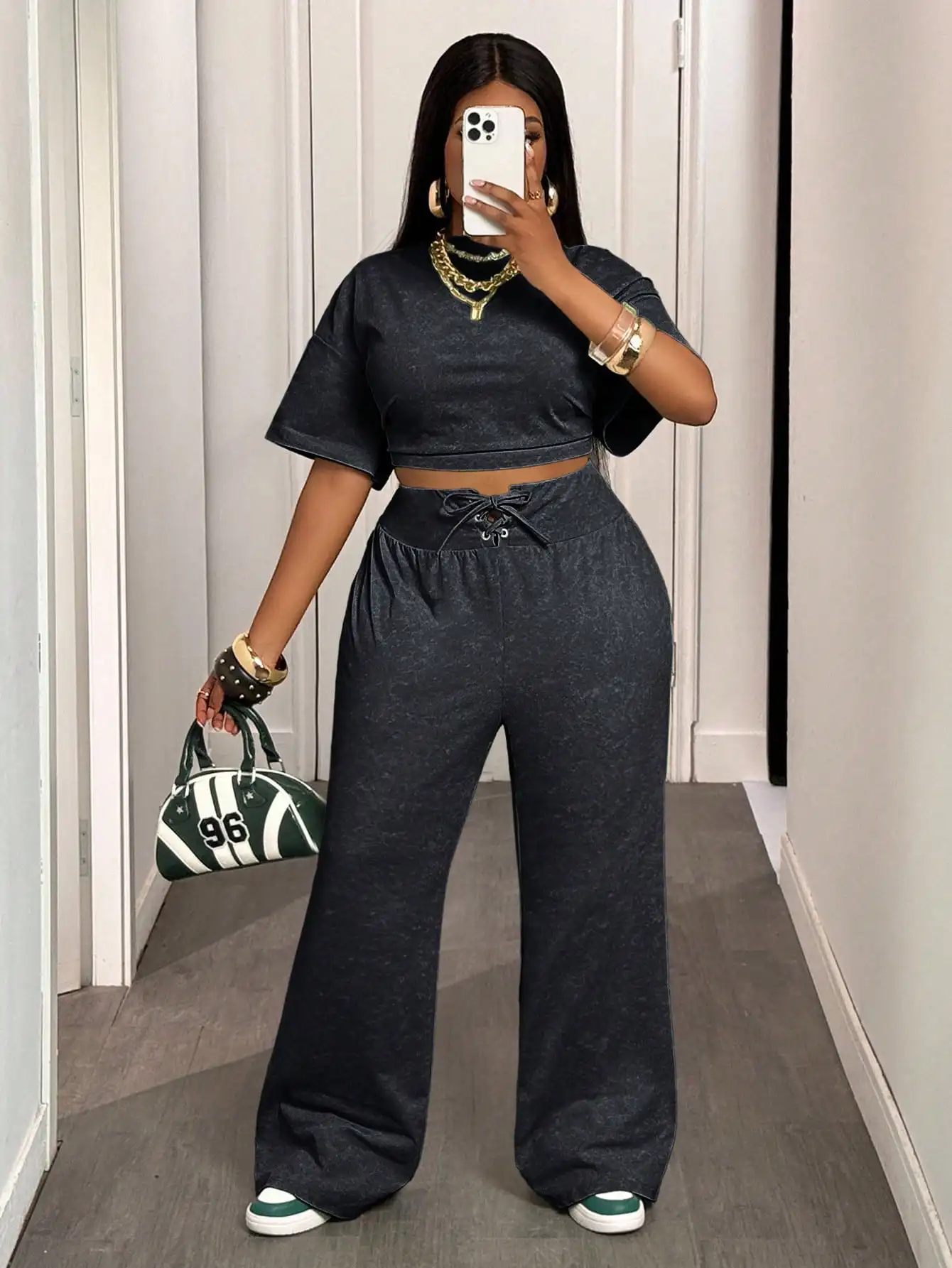 

Casual Streetwear Cropped Short Sleeve T-Shirt And Tie Waist Wide Leg Trousers Women Two Piece Set