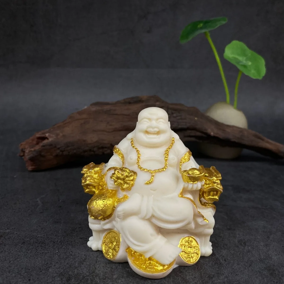 Ivory Nut Carved Gilded Wealth‑giving Maitreya Buddha Figurine Home Living Room Desktop Tea Pet Craft Ornament