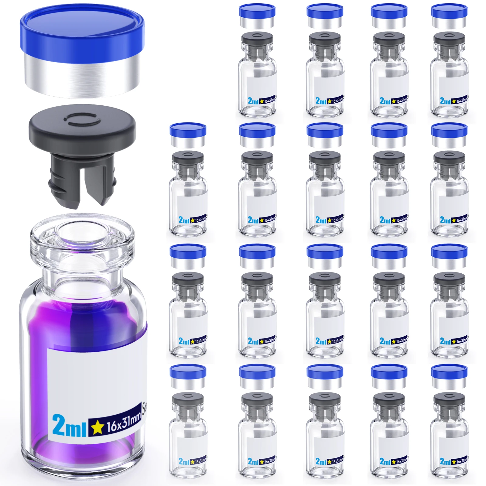 Sterile Glass Vials With Separate Rubber Stopper and Cap Need to Crimped With Pliers Individually Packaged 20pcs