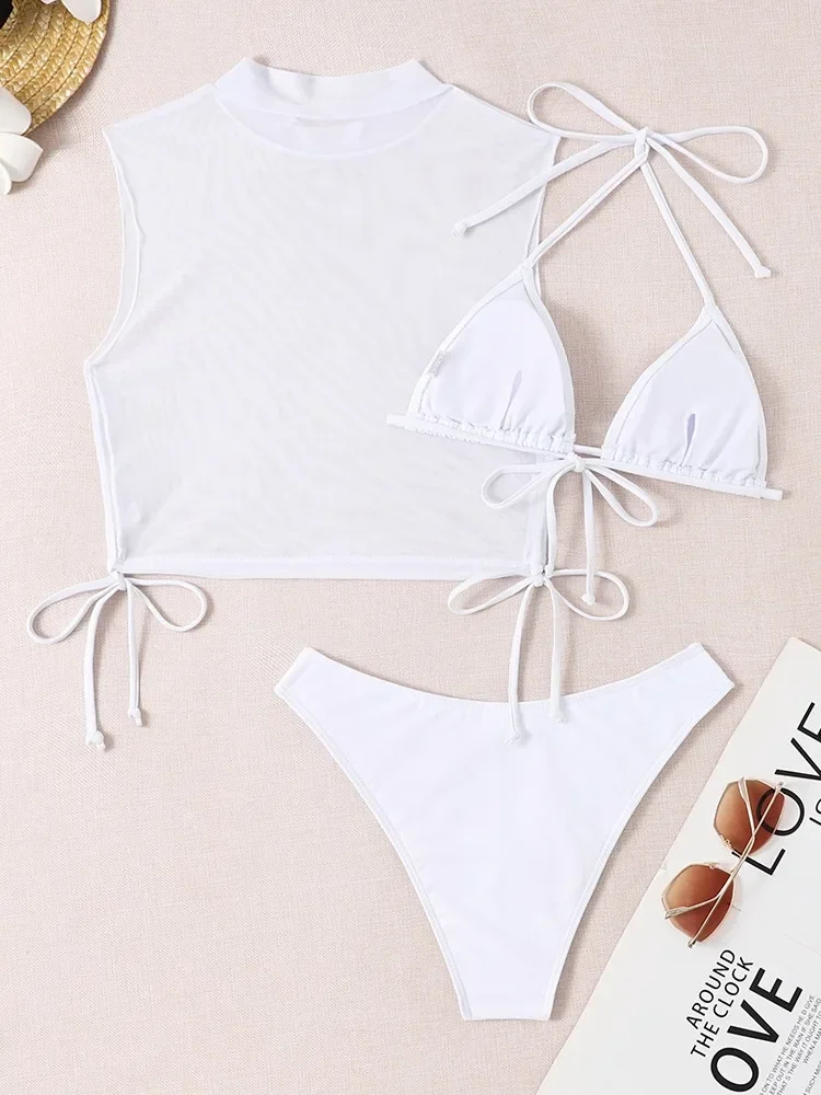 Sexy White Black Lace Mesh Bikini Set Three Pieces Women Swimwear High Neck Bandage Swimsuit Cover Up Bathing Suit High Cut