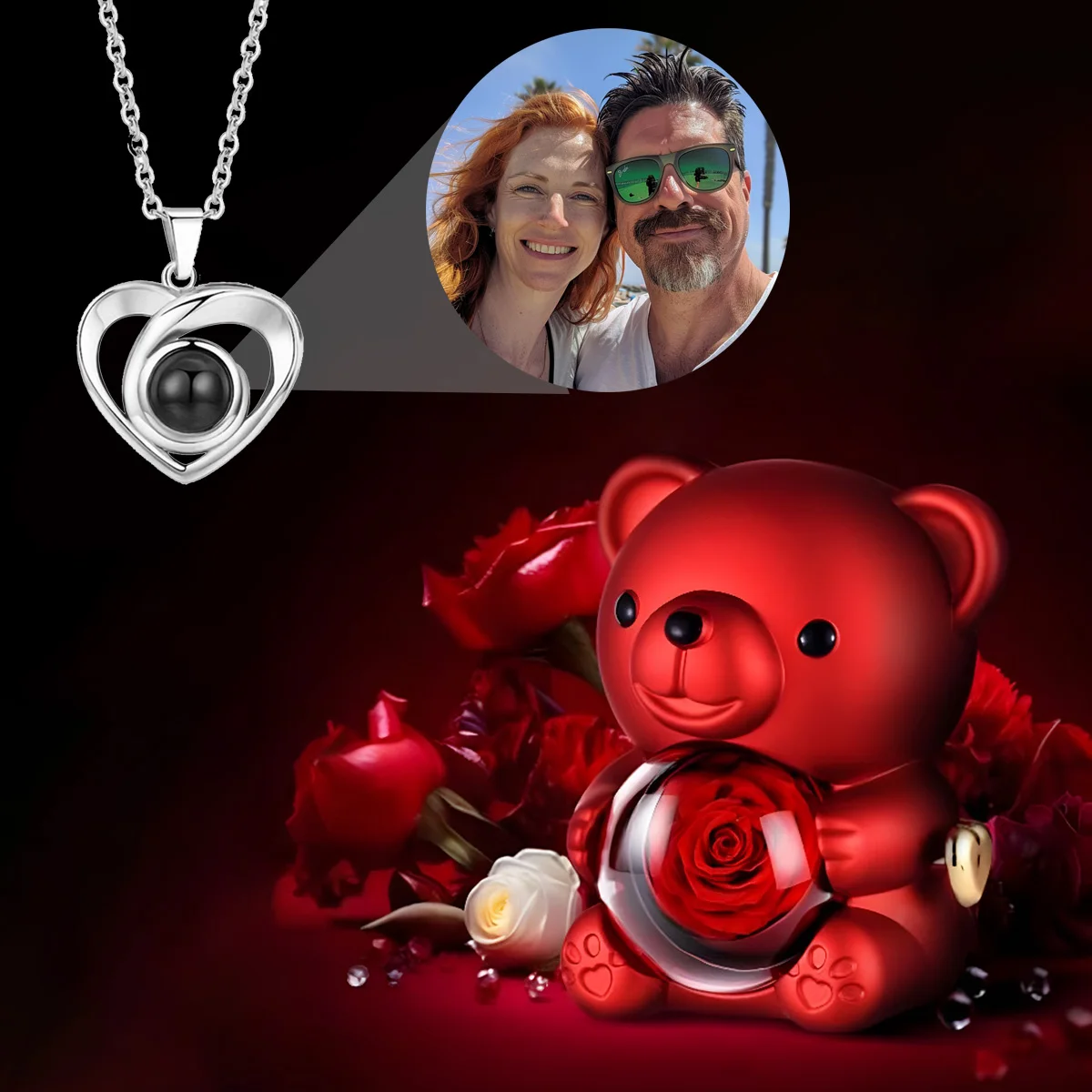 

Custom Photo Projection Heart Pendant Necklace With Cute Bear Rose Gift Box Valentine's Day Romantic Surprise For Girlfriend New