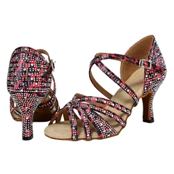 New fashionable and versatile leopard print red and black 7.5cm mid heeled dance shoes, professional soft soled women's adult sa