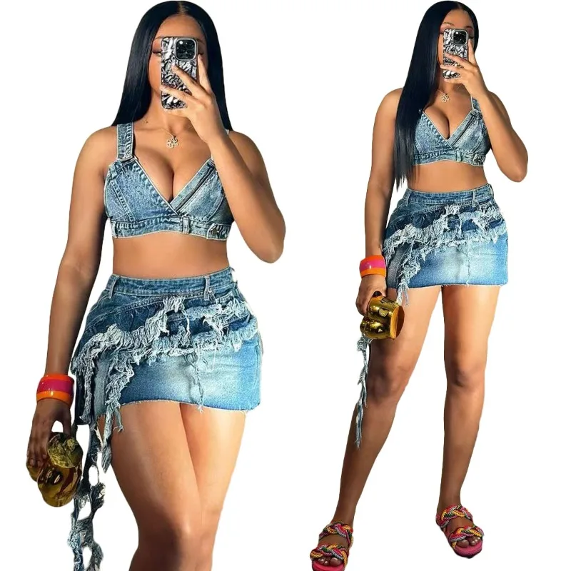 Women Sexy Denim 2 Piece Sets V-neck Sleeveless Backless Vests Crop Tops + Tassel Bodycon Mini Skirts Casual Street Jeans Suits