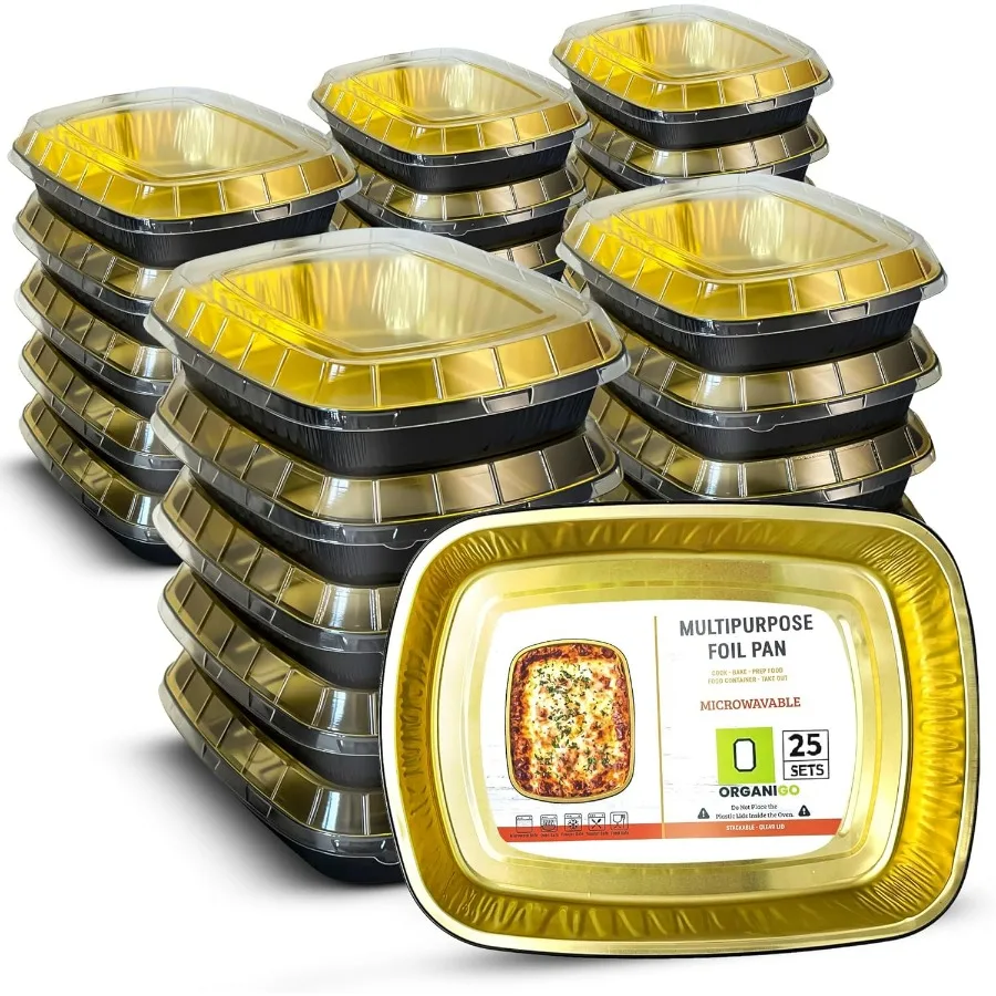 

Aluminum Pans with Lids [Microwave-safe] Disposable Gold Aluminum Foil Baking Pans [25 Sets] 8.5"x11" Multipurpose Tin Foil Food