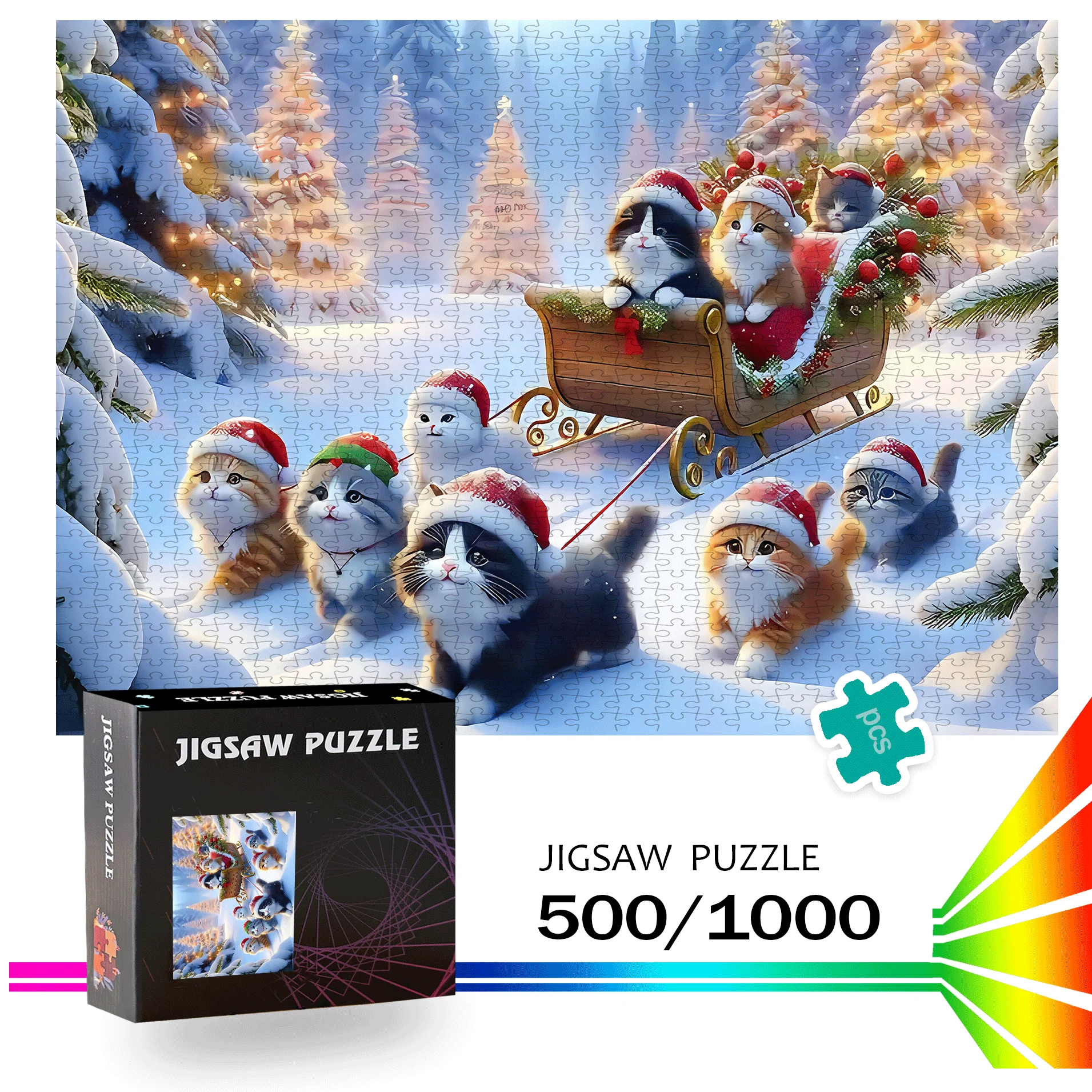 Katze und Weihnachten 500 Stück/1000 Stück Puzzlespiel – Geschenk für interaktives Familienspiel, DIY-Puzzle, lustige Heimdekoration, Gehirn-Challenge – Pre