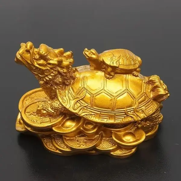 

Chinese Gold Resin Feng Shui Dragon Turtle Tortoise Statue Figurine Coin Money Wealth