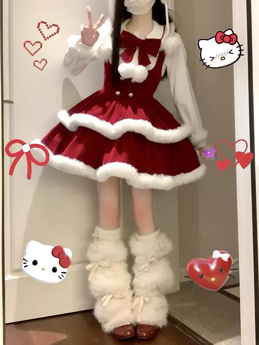 عيد الميلاد Kawaii لوليتا السنة الجديدة حفلة القوس هامش المرقعة بلوزة أحمر الظهر حزام فقاعة فستان المرأة مرحلة الأداء زي