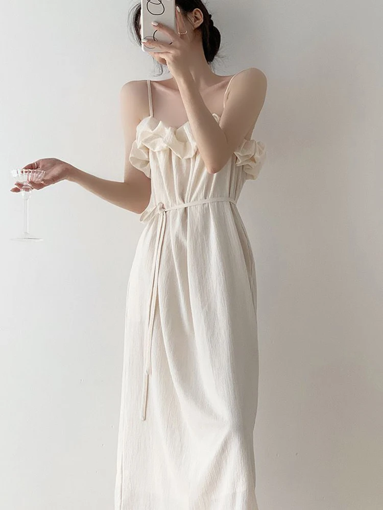 Robe française élégante à col Slash, Y2K, Vintage, bretelles Spaghetti, ample, esthétique, plage, vacances, ligne A, été