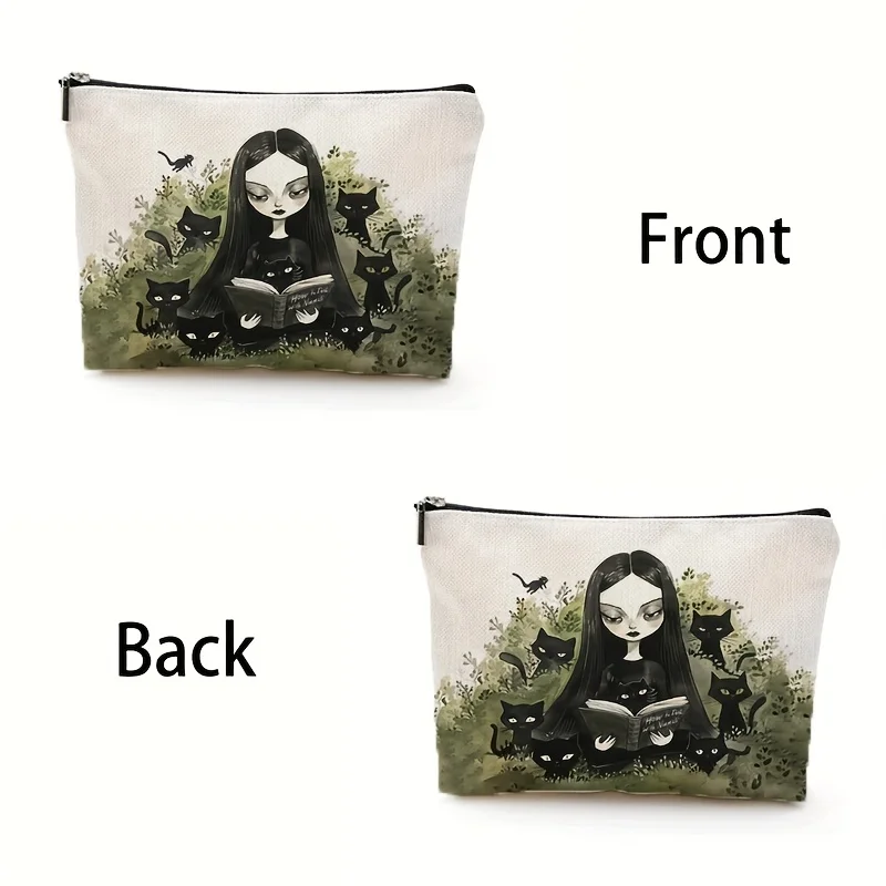 A Gothic-style books and black cat makeup bag- multifunctional zipper pouch, jewelry storage bag, perfect travel zipper small st