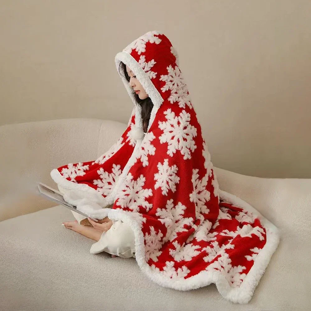 Warm Winter Wearable Blanket Snowflake Red Thickened Throws Lamb Wool Sofa Cover Shawl Cape Flannel Bluey Nap Blankets Bedspread