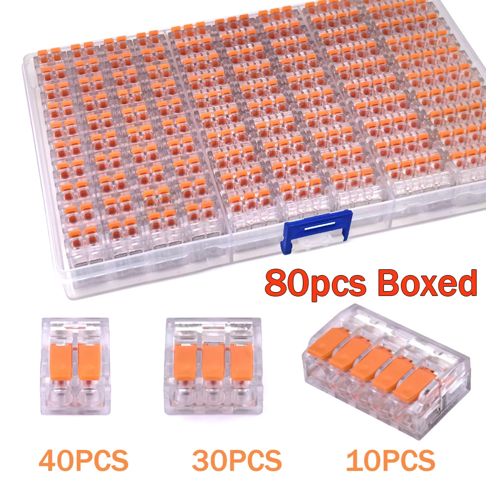 20/80/90Pcs Boxed Lever Quick Wire Connecto,2/3/5 Port Electrical Push In Lighting Compact Terminal Block Connector