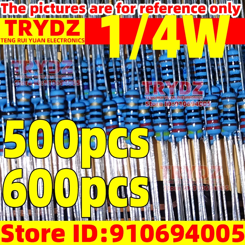 600-500pcs New 1/4W 30 commonly used metal film resistor packs, New 1%, 20 of each type, totaling 600 pieces