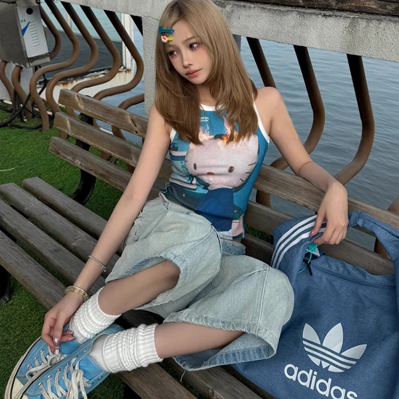 Deeptown Vintage Washed Women Cargo Jeans Pocket Wide Leg American Style Denim Pants Baggy High Waist Casual Streetwear Summer