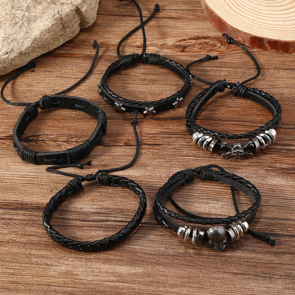 5pcs Punk Style Woven Leather Bracelets For Men Hip Hop Five Pointed Star Skull Men\'s Lace-Up Bracelet Set Gifts For Friend