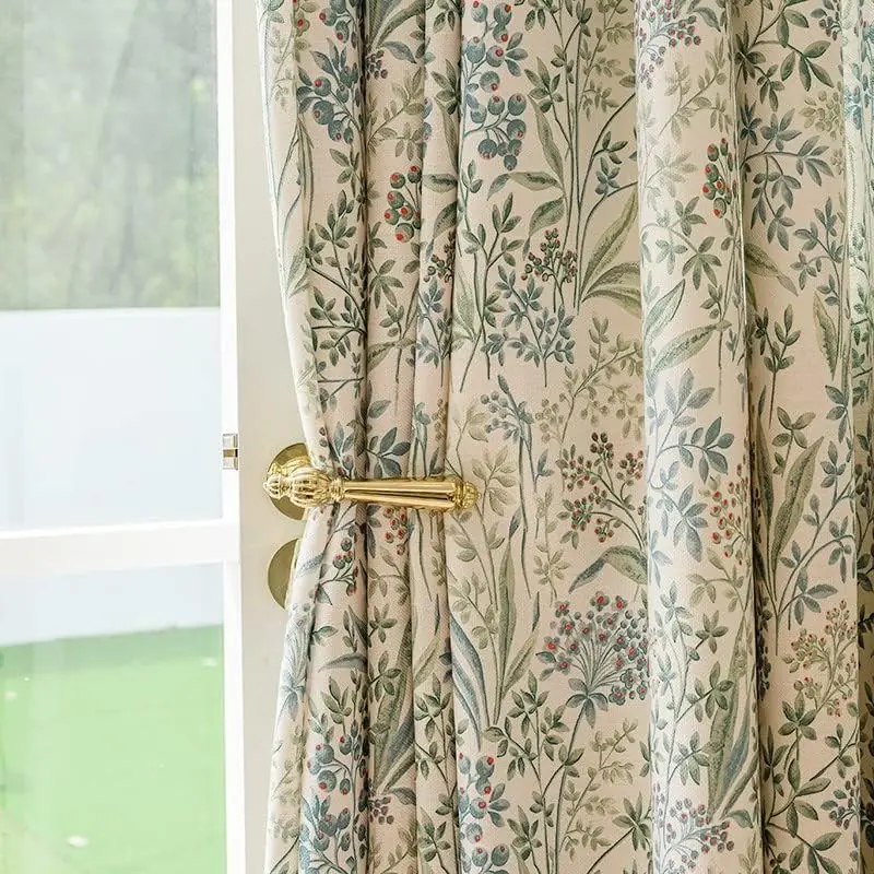 Bohemian Pinch Pleated Cotton Linen Blend Semi Blackout Drapes Farmhouse Floral White Window Panel