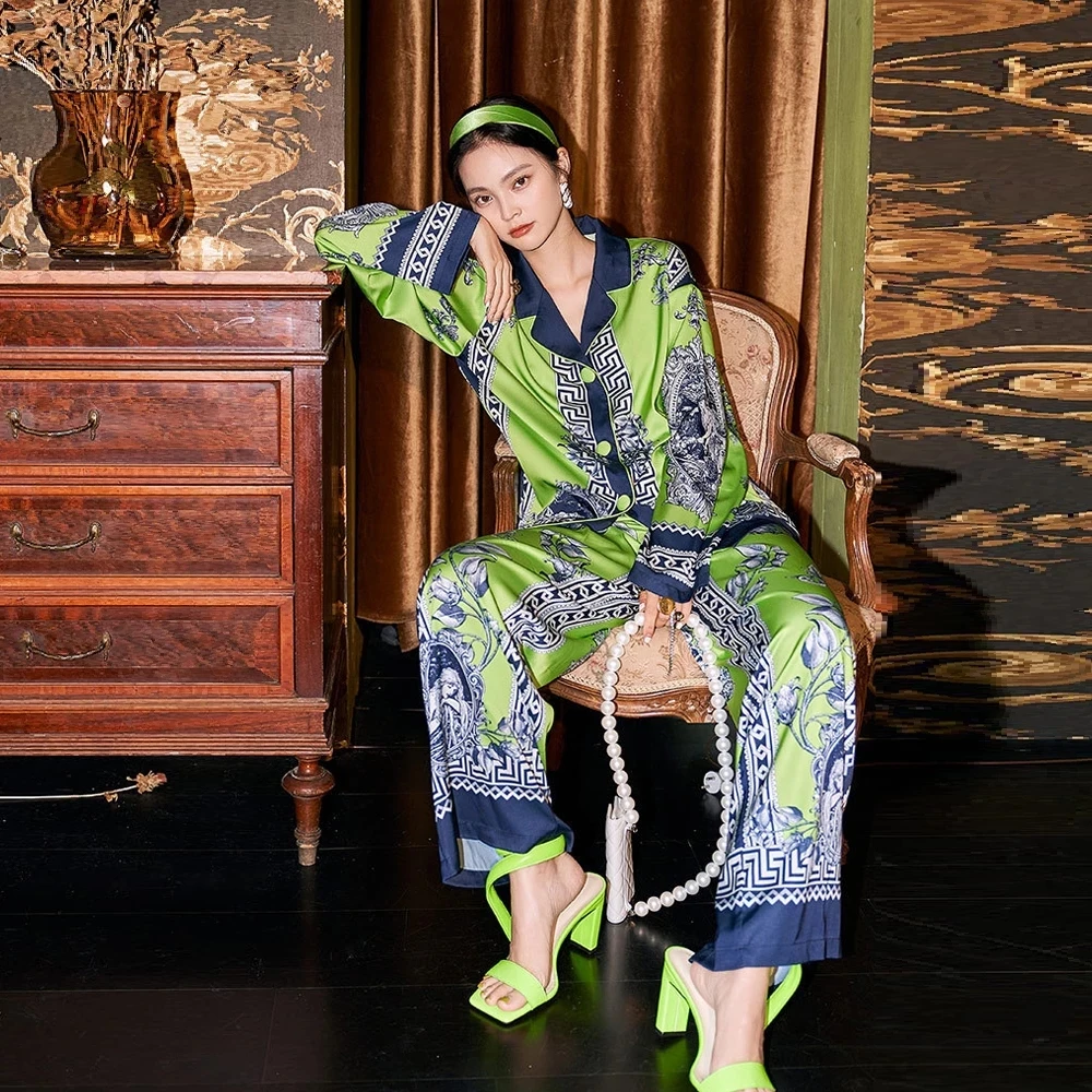 Boho Style Women Green Pajama Set Silk Summer Ladies Homewear Can Be Worn Outside Luxury Satin Comfortable Pyjama For Female