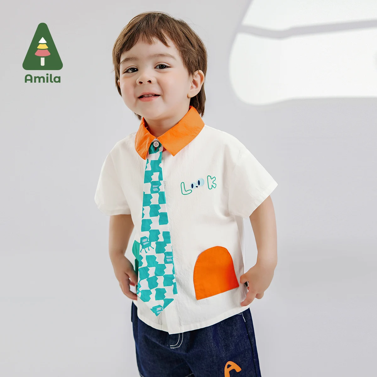 Amila 2024 Summer New Boys Top with Contrasting Collar and Pocket Casual Tie Shirt Kids Clothing 0-6Y