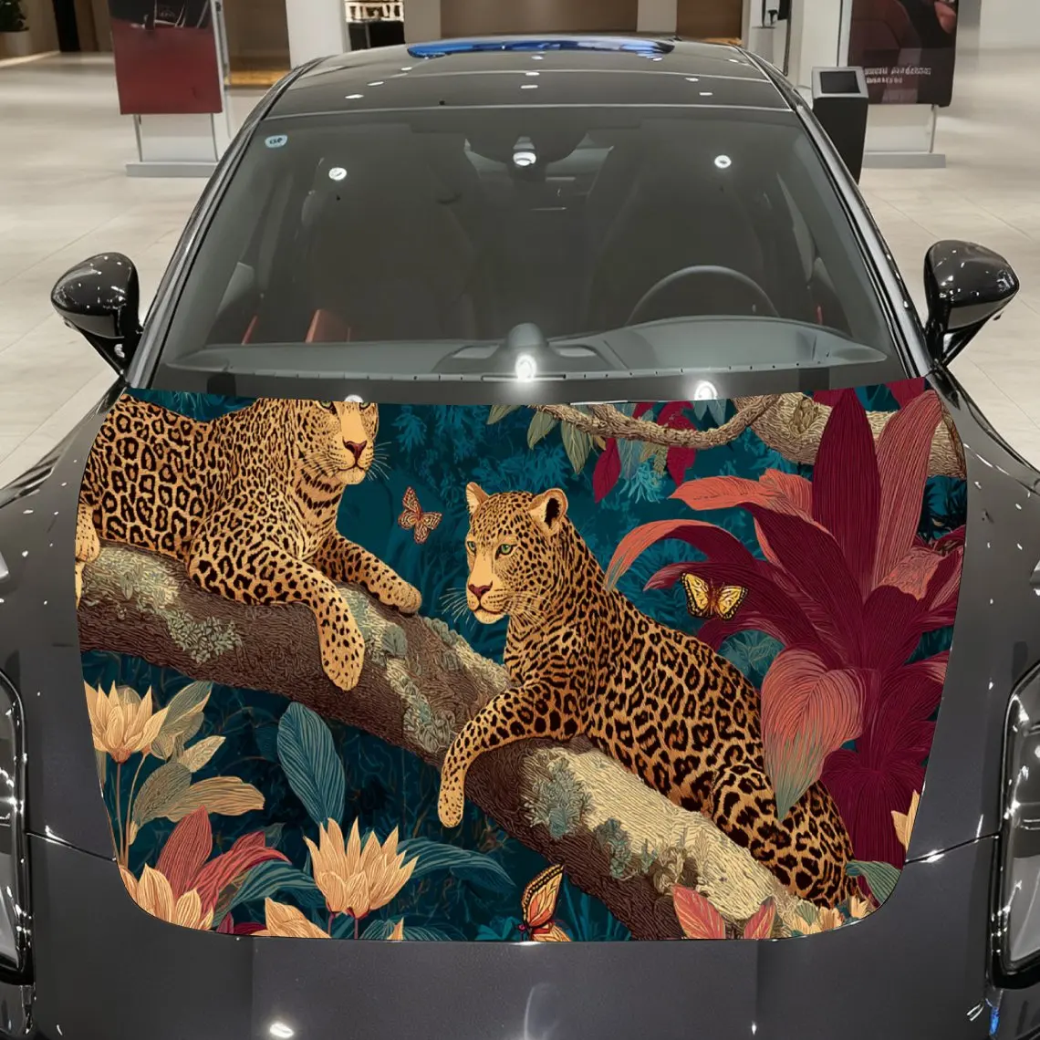

Graceful Jungle Leopard Pair Car Hood Decal, Waterproof Self-adhesive Vehicle Vinyl Wraps Sticker, Cool Auto Cover Decoration, A