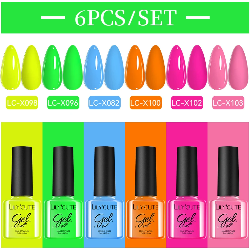 LILYCUTE 6Pcs/Set Fluorescent Color Gel Nail Polish Kit Spring Gorgeous Colorful Manicure Semi Permanent Nail Art UV Gel Varnish