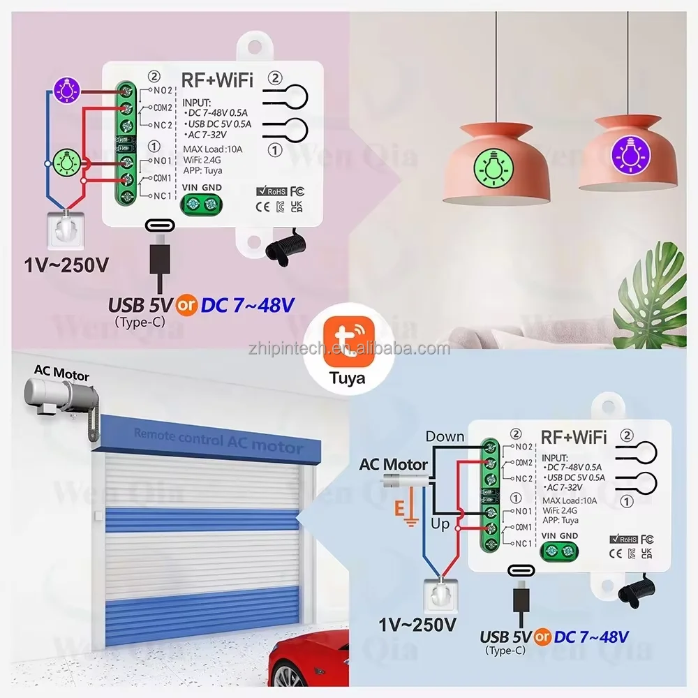 Tuya Smart WiFi and RF 433MHz Wireless Remote Control Transmitter BLE Network 2 Channel Relay AC 7-32V USB 5V for Garage Doors