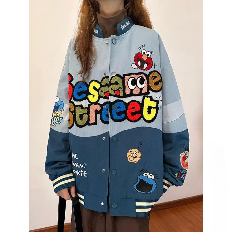 Autumn and Winter Japanese Style College Style Women's Cartoon Embroidered Baseball Jacket Thickened Versatile Blue Cotton Coat