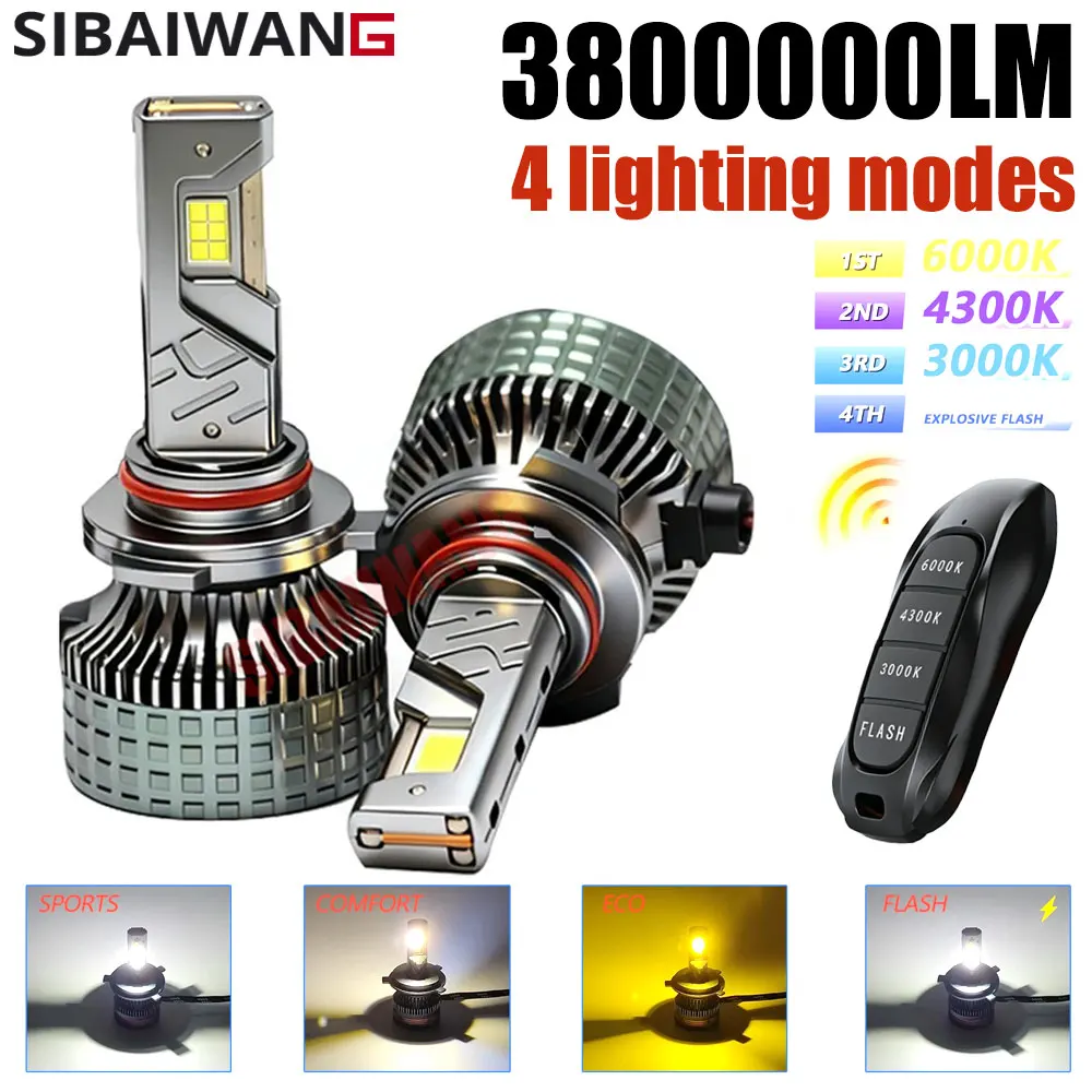 

3800W H11 H7 H4 LED Headlights for car H1 led HB3 HB4 9005 9006 Hir2 9012 Three Color Remote For Automobiles Headlamp 12V 24V