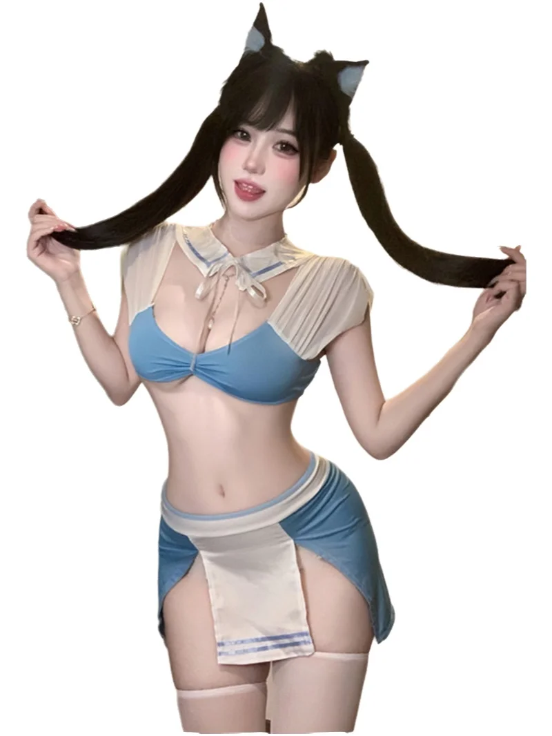 

Новый сексуальный сладкий комплект униформы в студенческом стиле для флирта, сексуальная чистая юбка без груди, комплект с запахом на бедрах, чистое желание, очаровательное с коротким рукавом NBJS